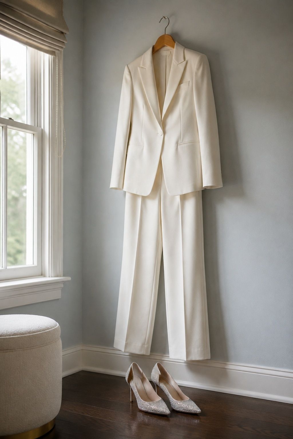 Minimal wedding dress paired with full-sparkle shoes