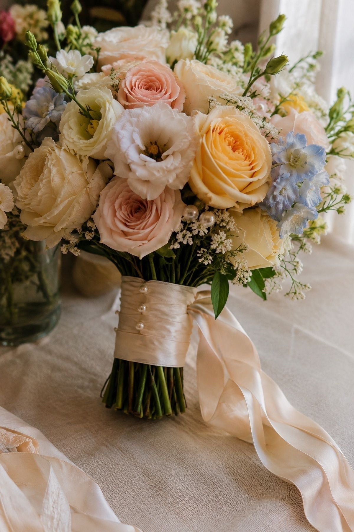 Pearl pins tucked into a bridal bouquet