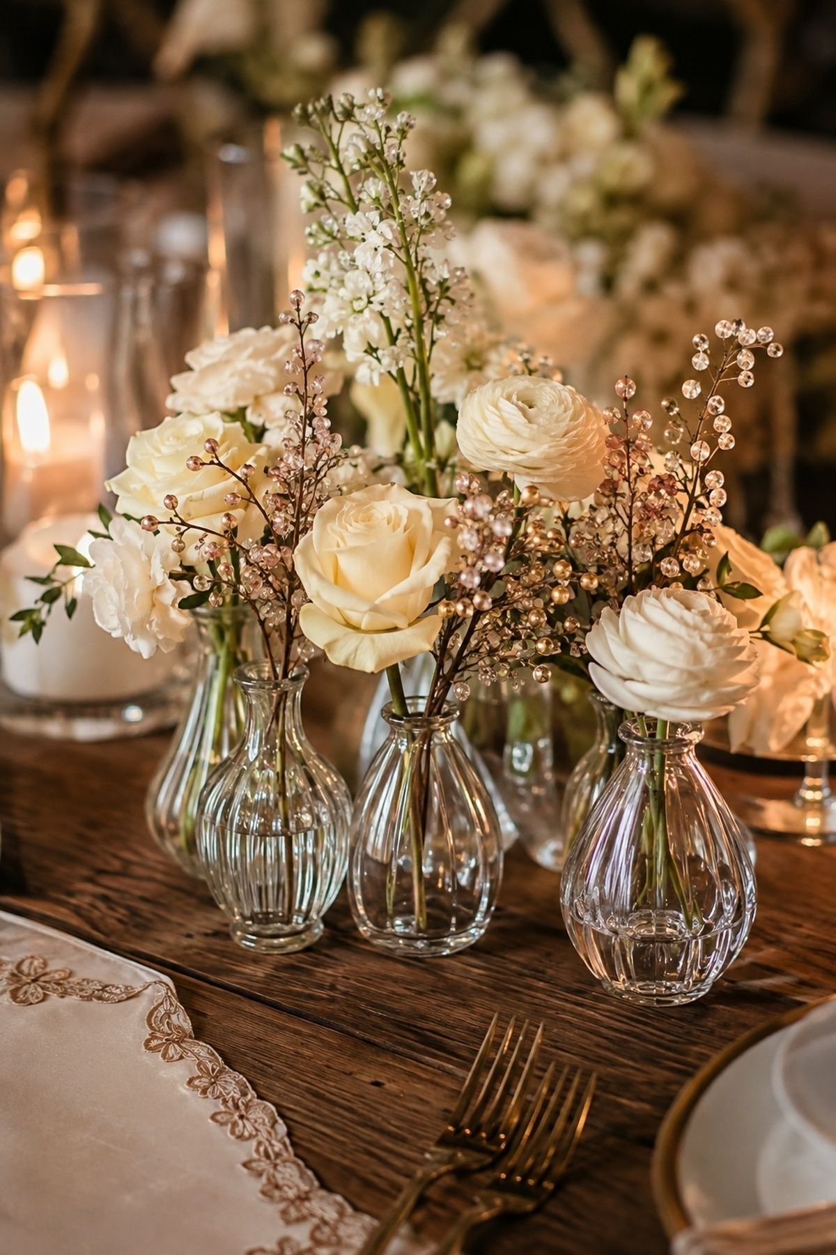 Crystal bead stems among wedding flowers