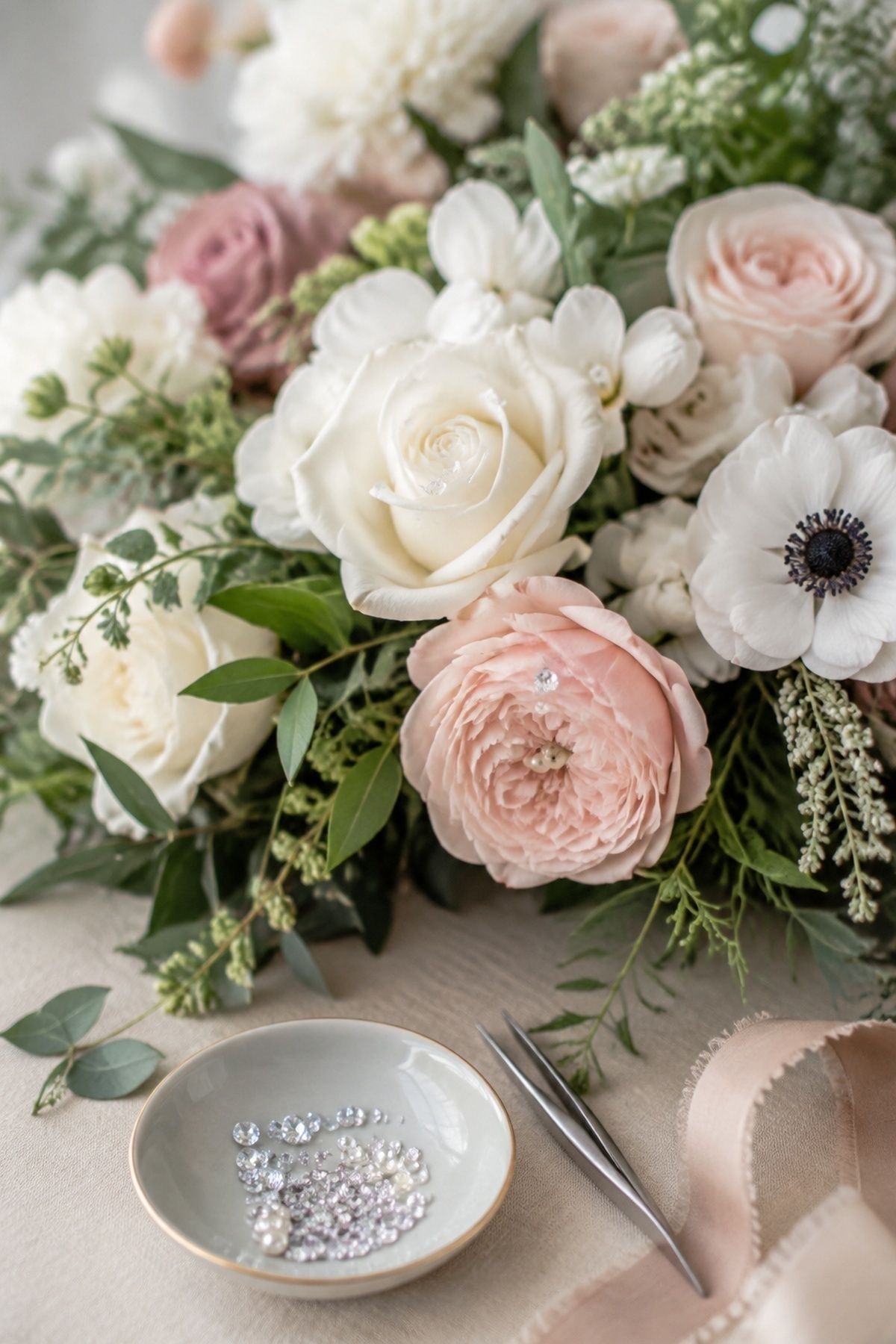 Faux flowers decorated with rhinestones