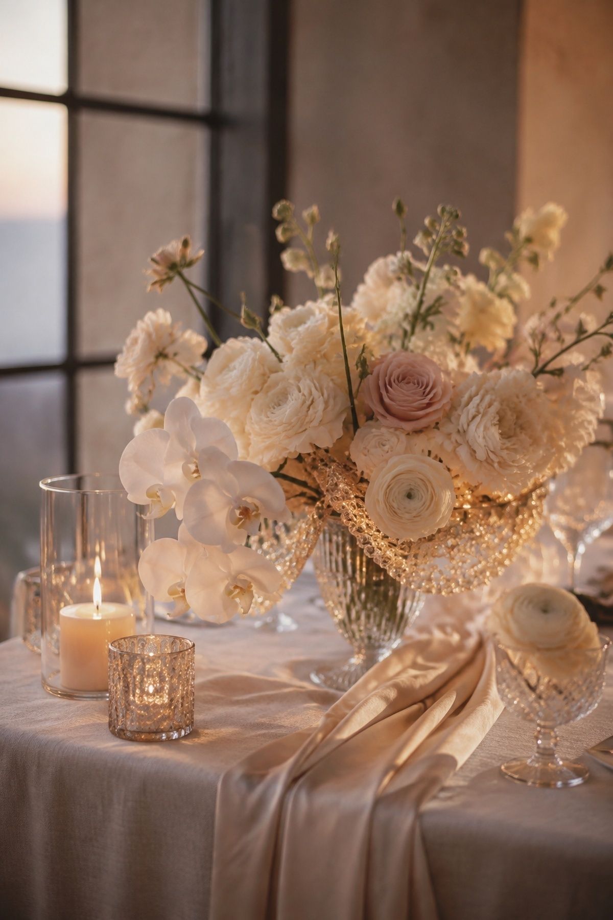 Bedazzled wedding flowers kept soft and romantic