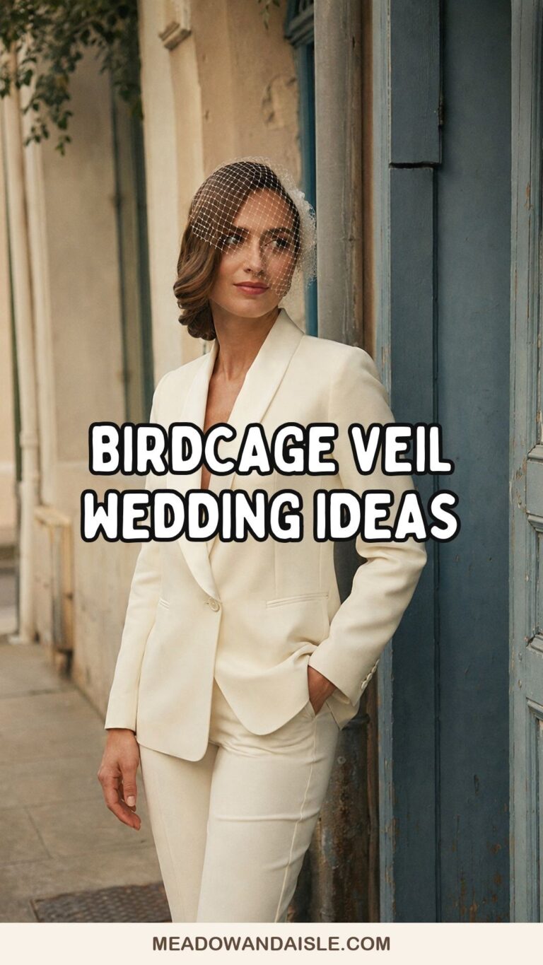 Birdcage veil wedding ideas with a cream bridal suit