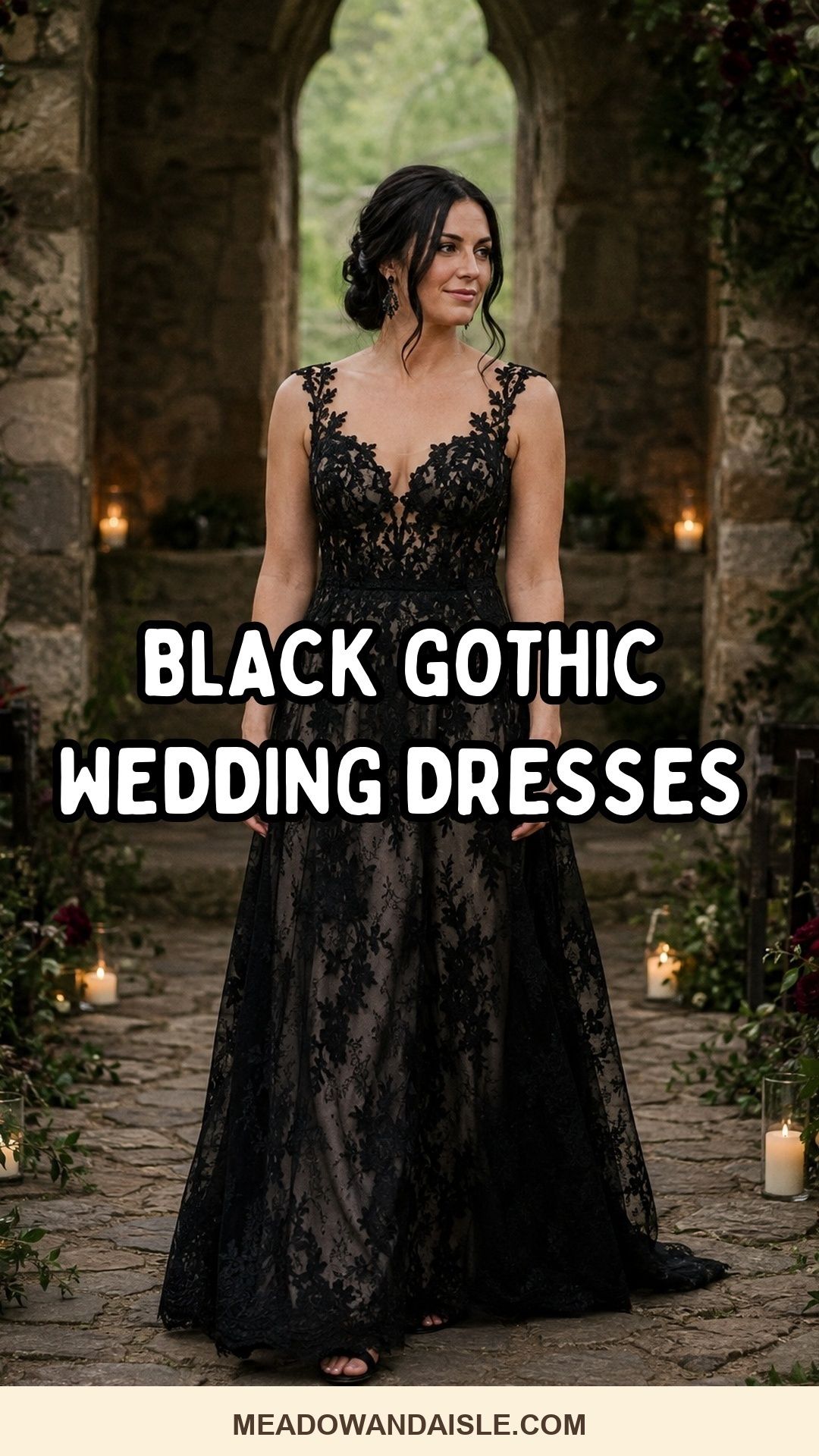 Pinterest pin with the title Black Gothic Wedding Dress Ideas