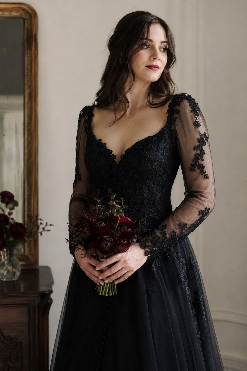 Gothic bridal dress with sheer sleeves