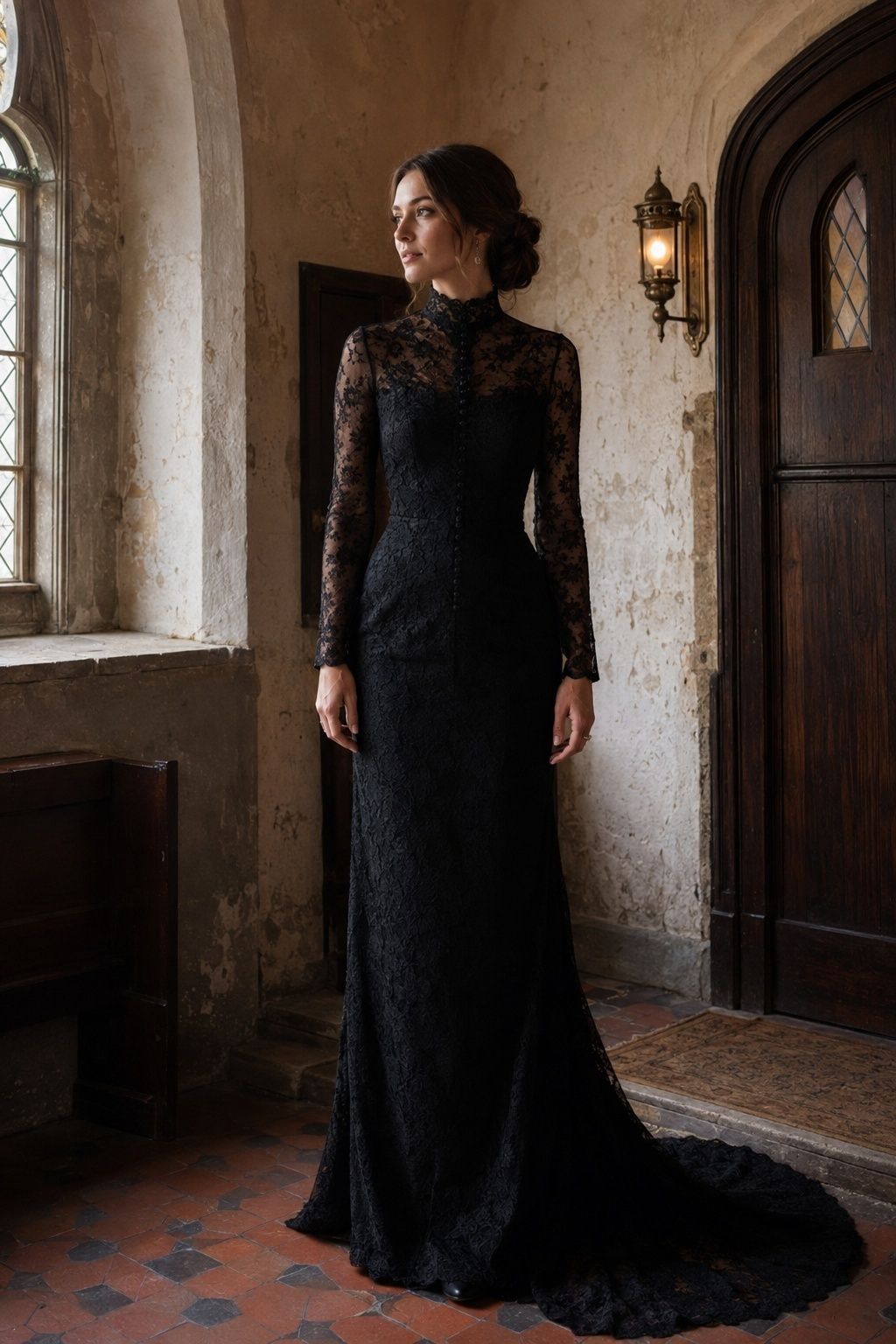Victorian-style high-neck black wedding dress
