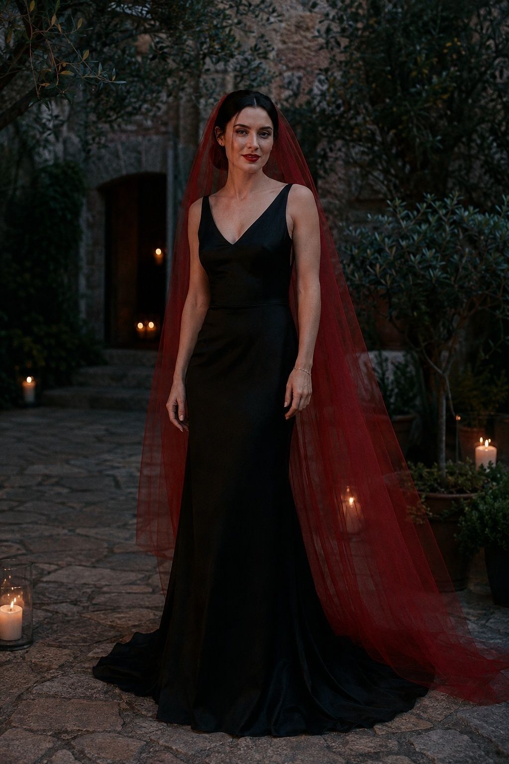 Black wedding dress worn with a red veil