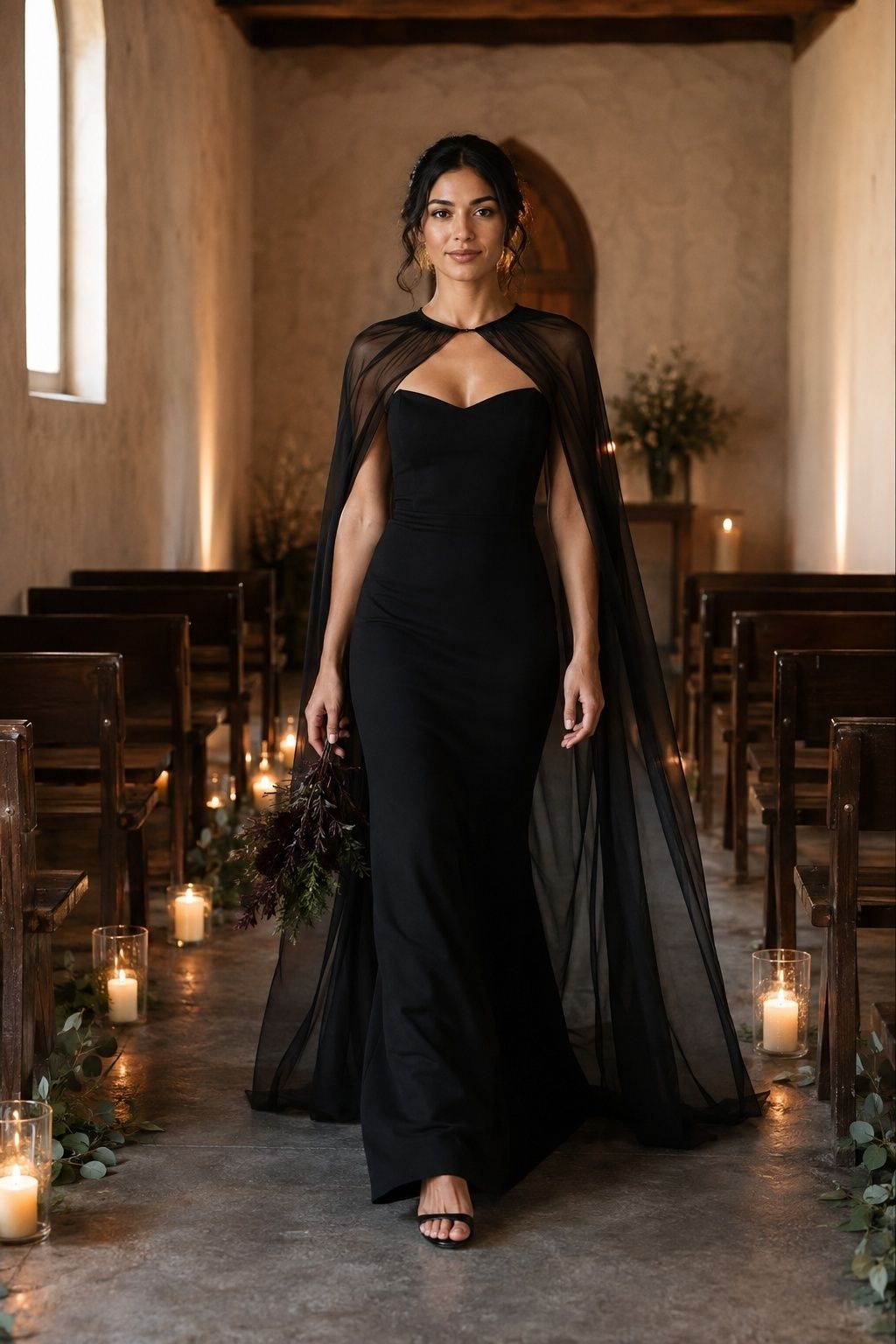 Dramatic black cape wedding dress at the ceremony