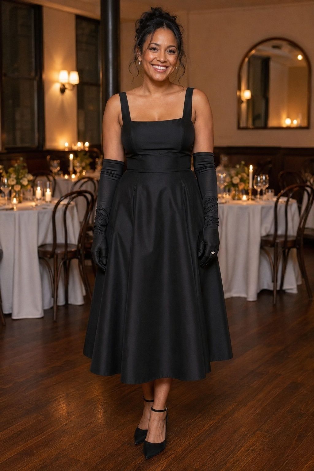 Reception-ready black dress styled with gloves