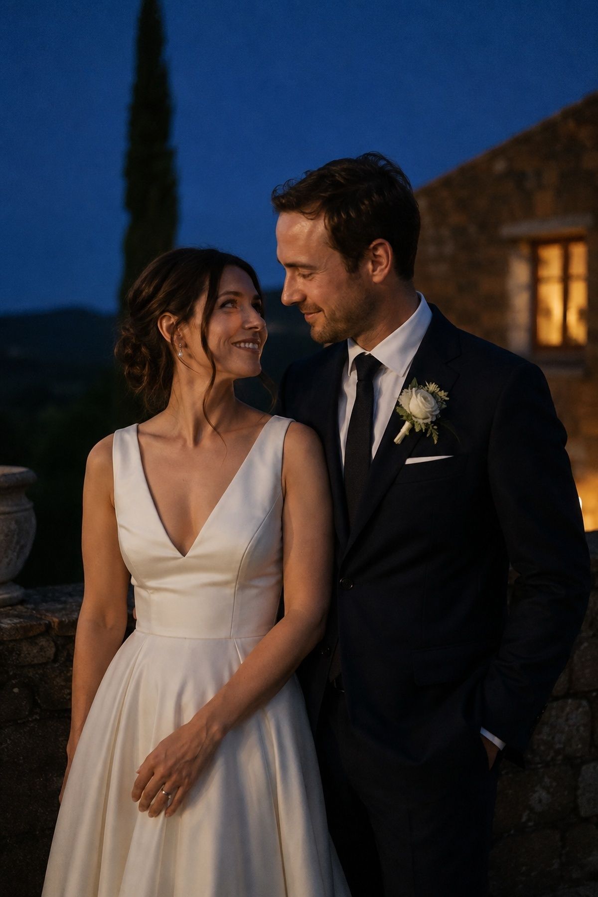 Newlyweds sharing a quiet blue hour portrait after sunset beside a warm venue window