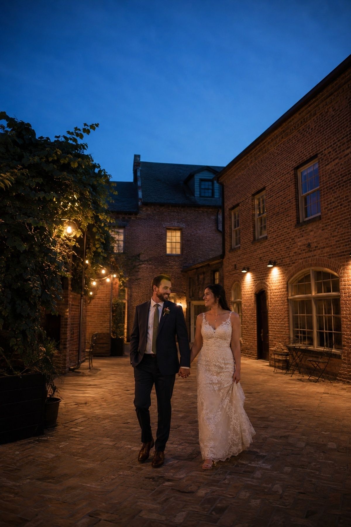 Newlyweds walking through a warm-lit brick courtyard during blue hour