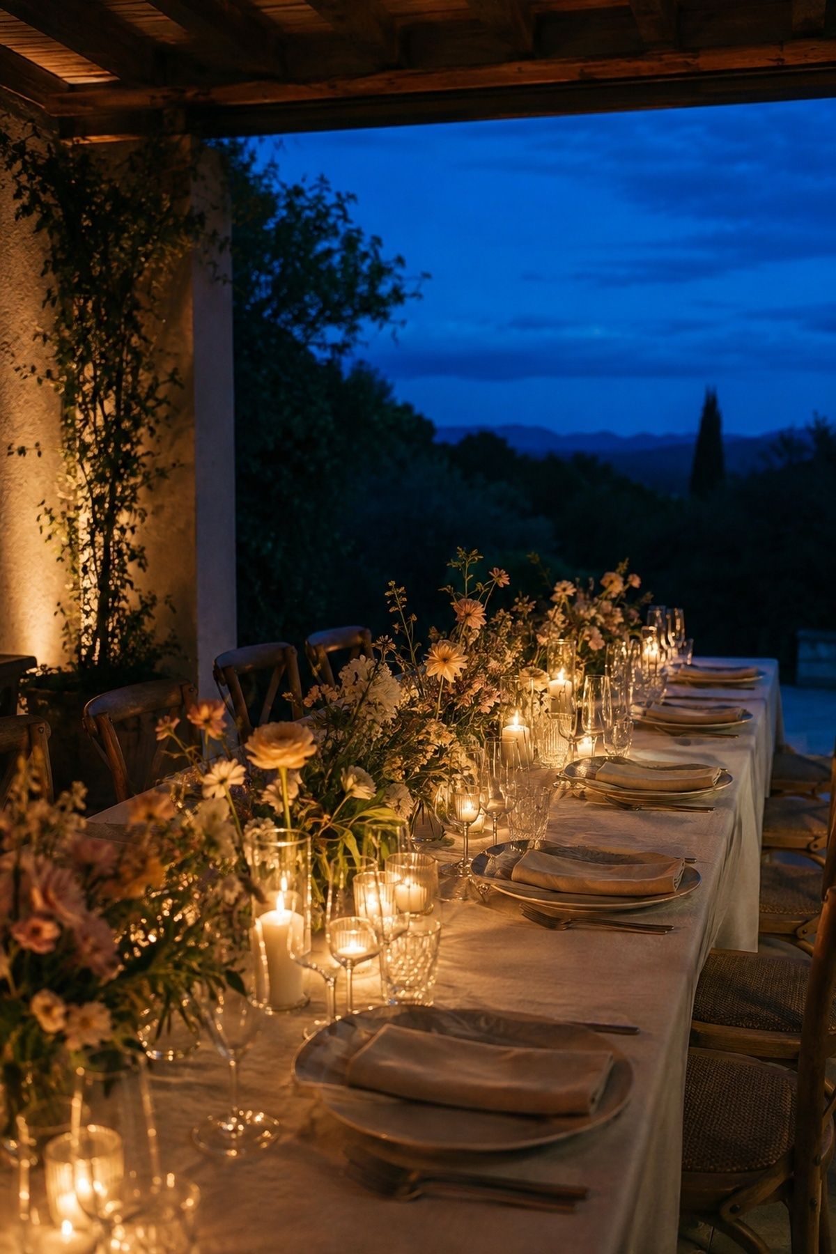 Candlelit intimate wedding dinner table on a terrace during blue hour