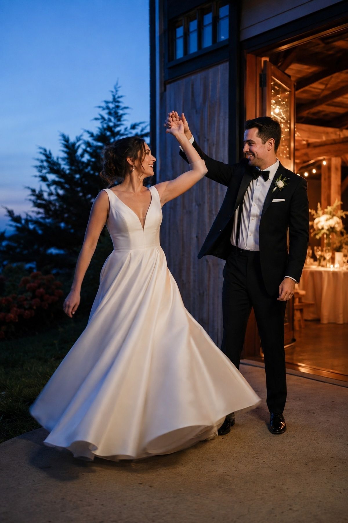Newlyweds taking a first-dance step outside into blue hour light