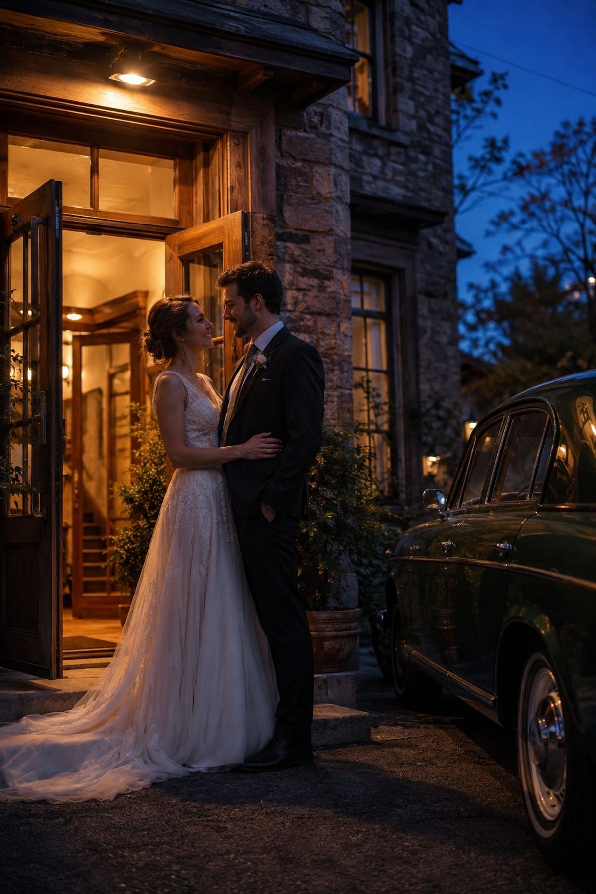 Newlyweds in warm doorway light beside a vintage getaway car at blue hour