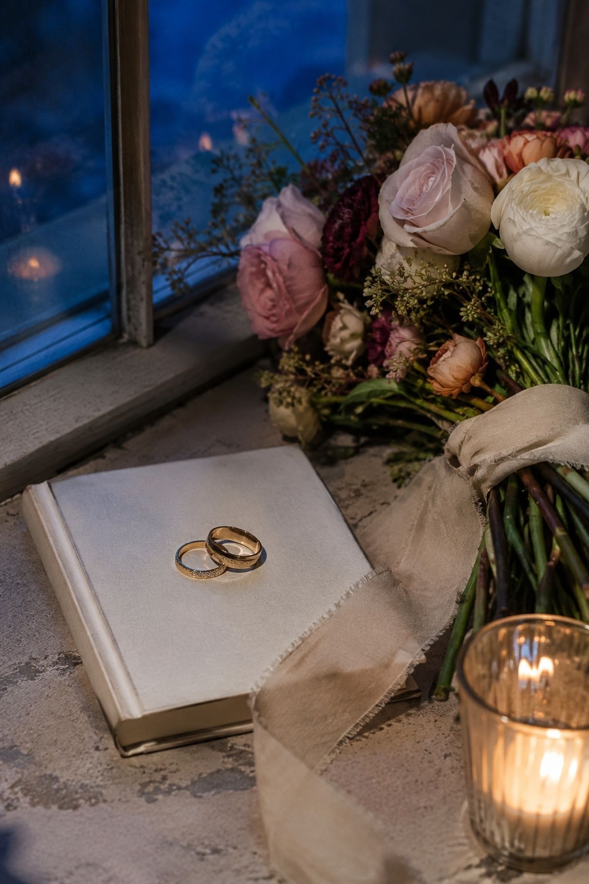Wedding rings and bouquet ribbon photographed by candlelight and blue hour window glow