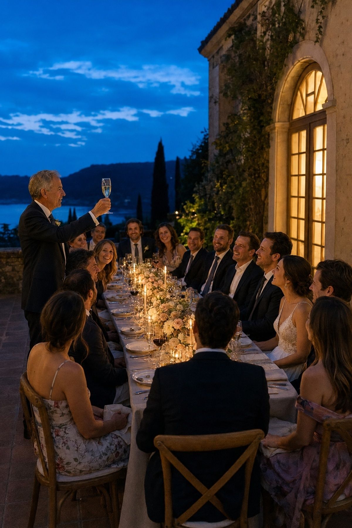 Small wedding guest toast at a candlelit table during blue hour