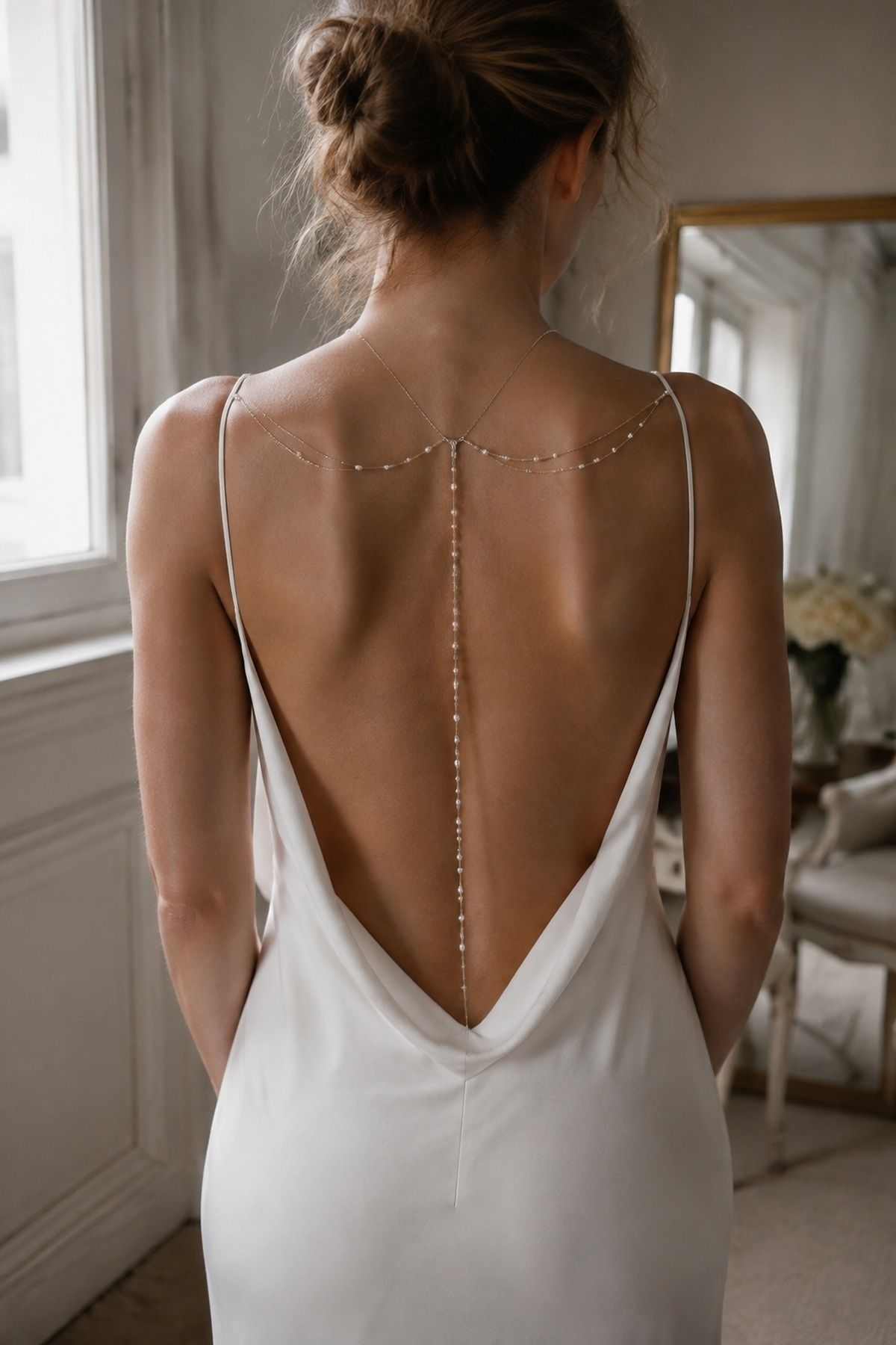 Pearl back chain worn with a low-back wedding dress