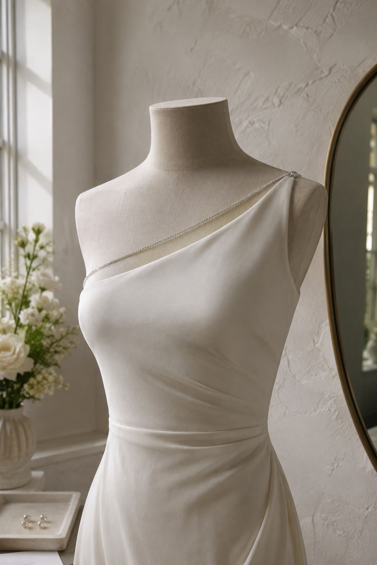One-shoulder body chain on an asymmetrical neckline
