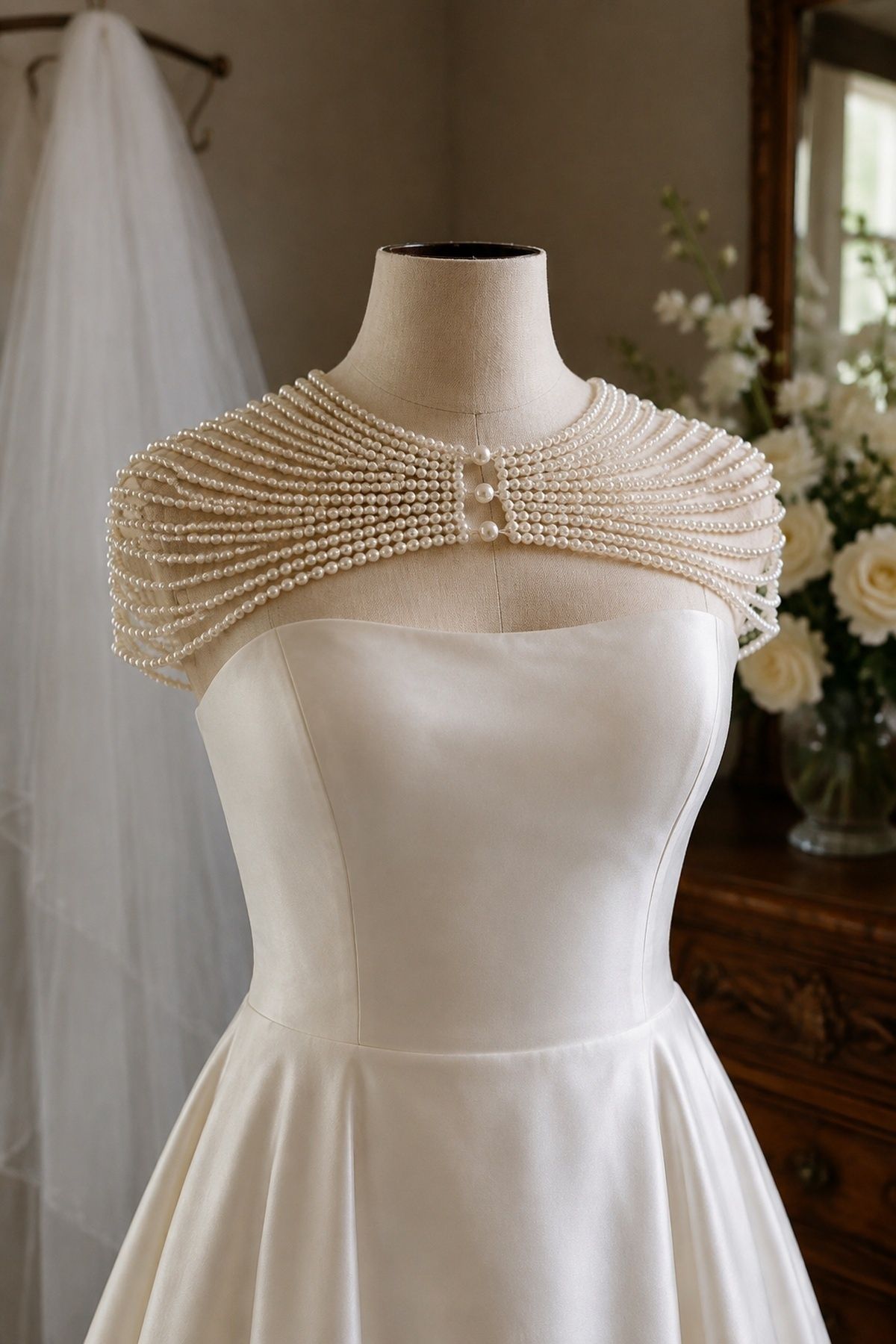 Pearl drape across the shoulders of a strapless wedding dress