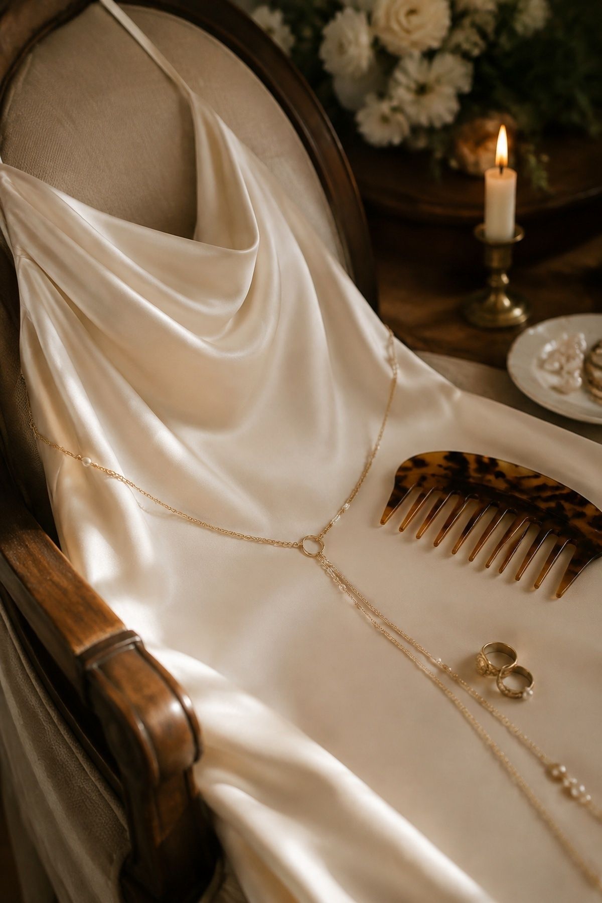 Gold chain against warm ivory satin