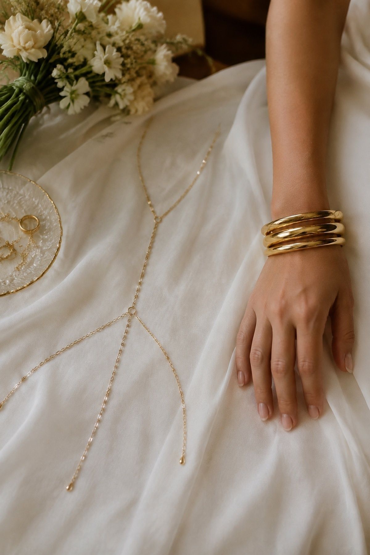 Bridal body chain paired with chunky bangles