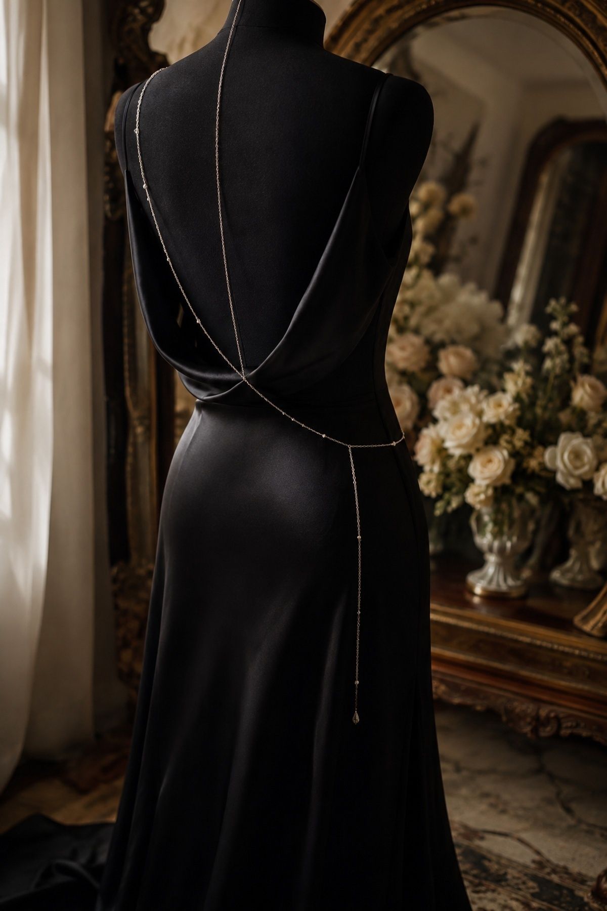 Delicate body chain over a black wedding dress