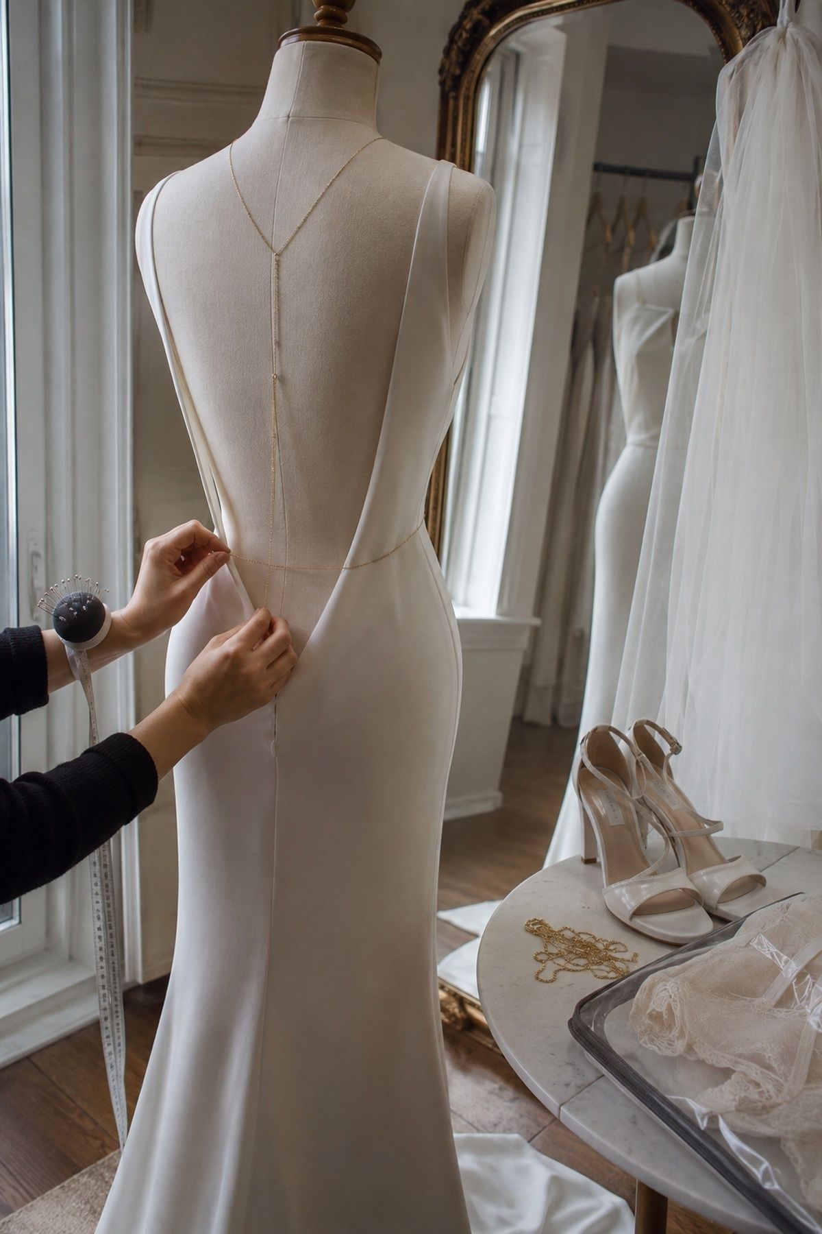 Body chain being tested at a dress alterations fitting
