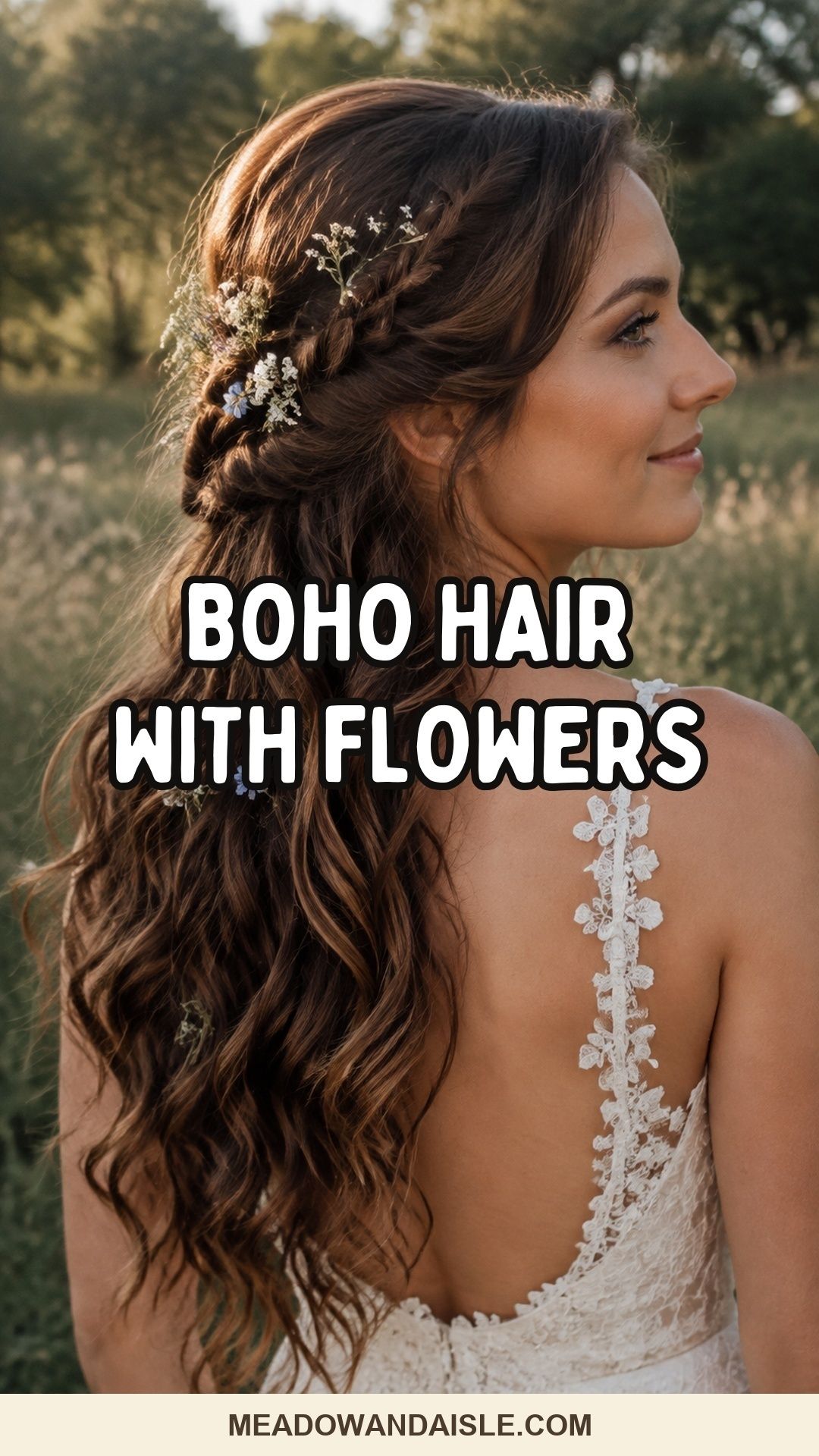 Boho hair with flowers Pinterest pin featuring a bride with wildflowers in soft waves