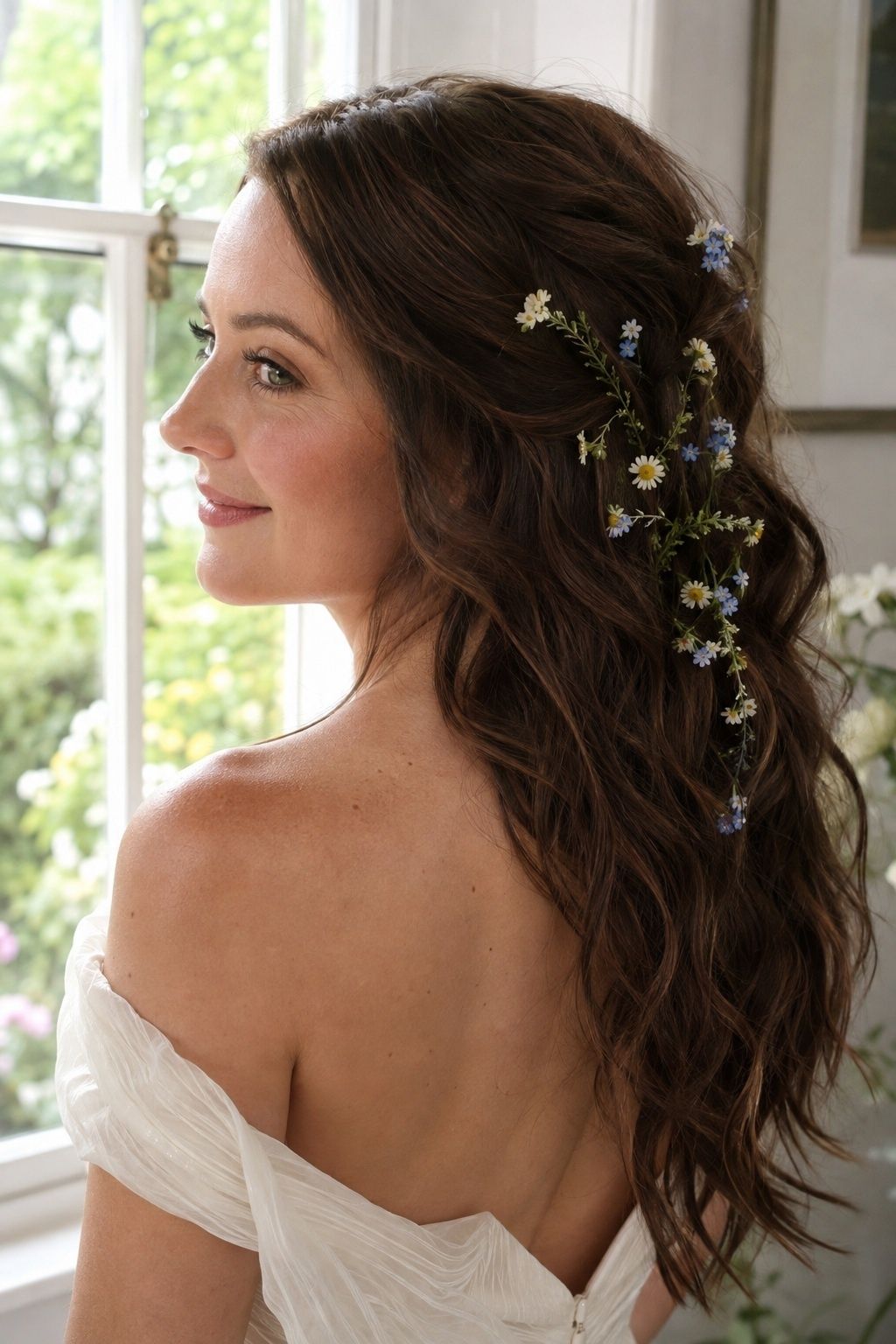 Bride with loose chestnut waves and tiny wildflowers tucked along one side