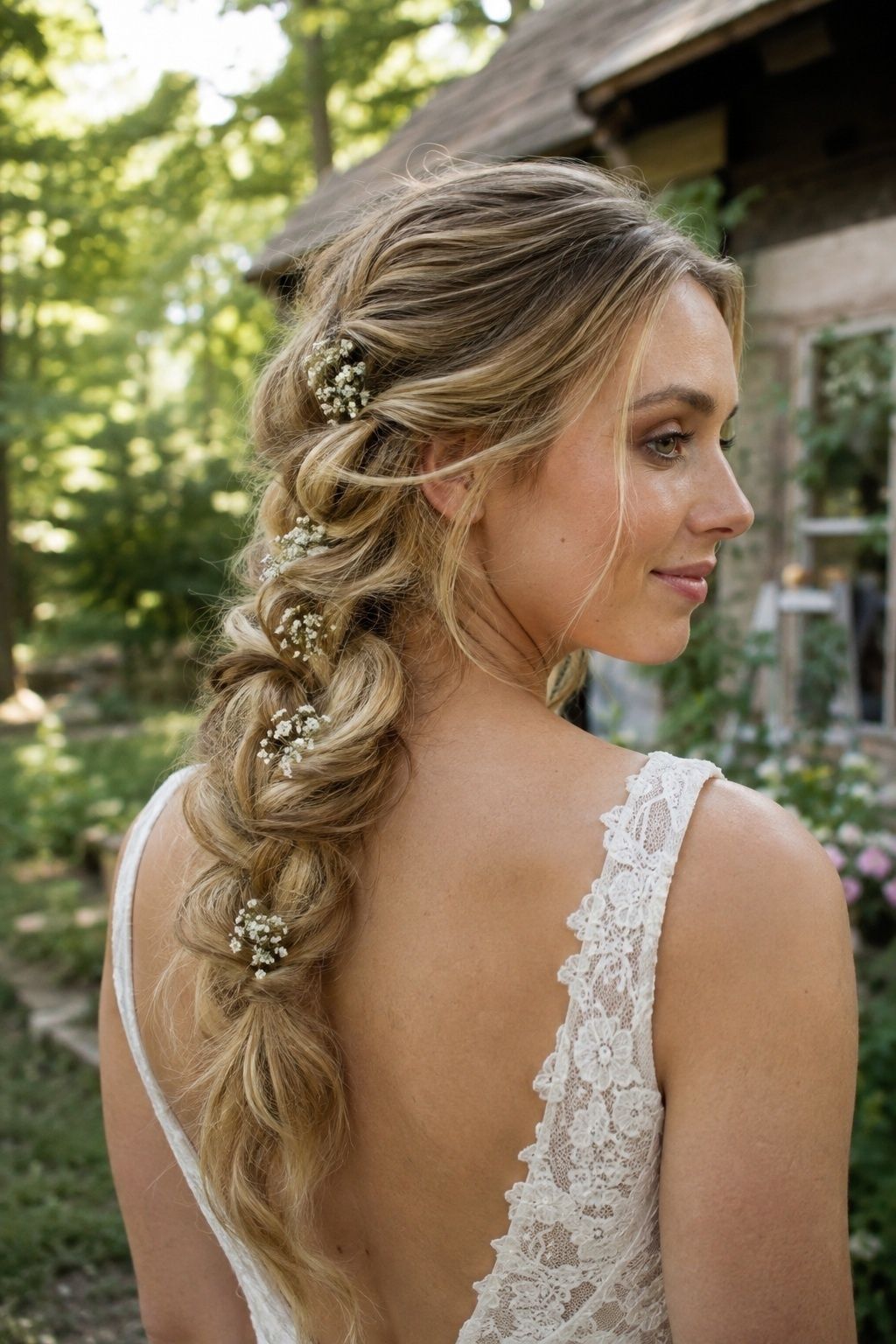 Blonde bride wearing a pull-apart braid with airy baby's-breath sprigs