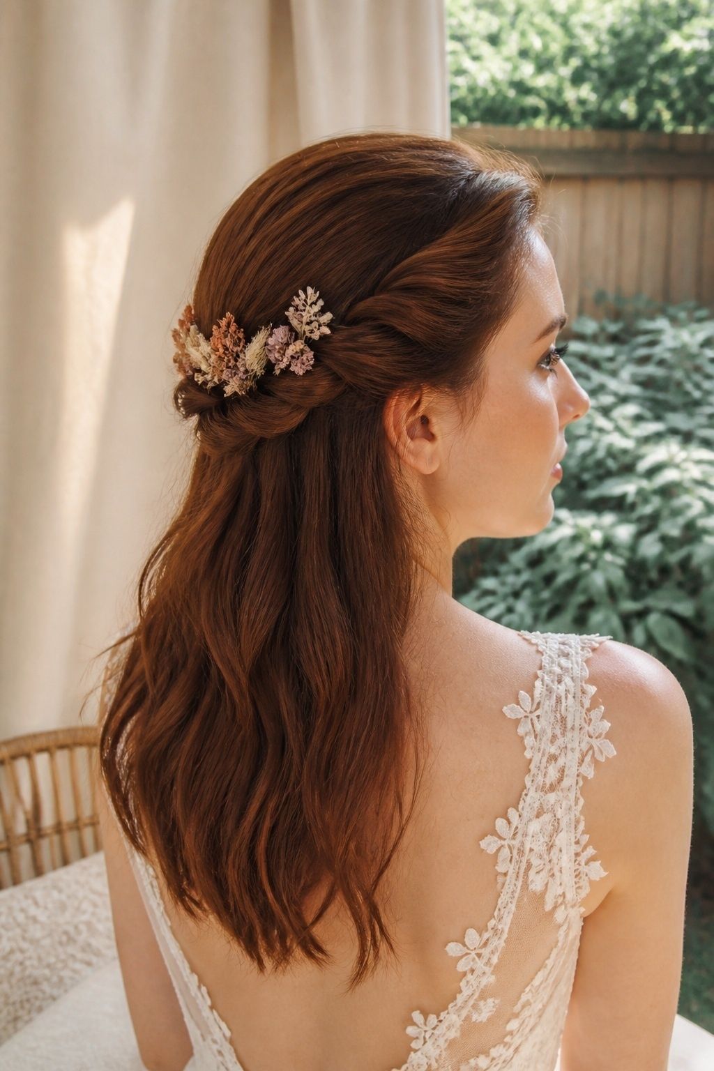 Auburn half-up bridal twists finished with small muted dried-flower pins