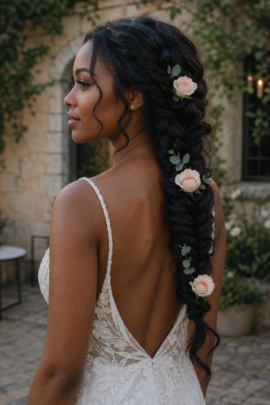 Black bride with a fishtail braid, three blush roses, and eucalyptus leaves