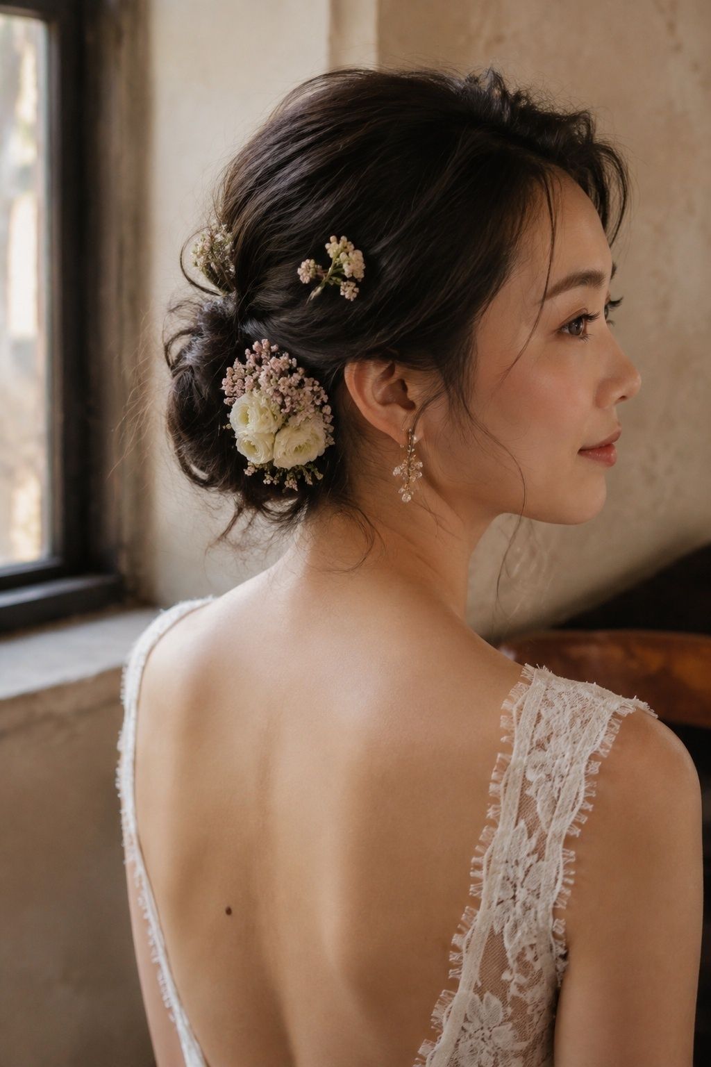 East Asian bride with a low textured bun and small cream floral clusters