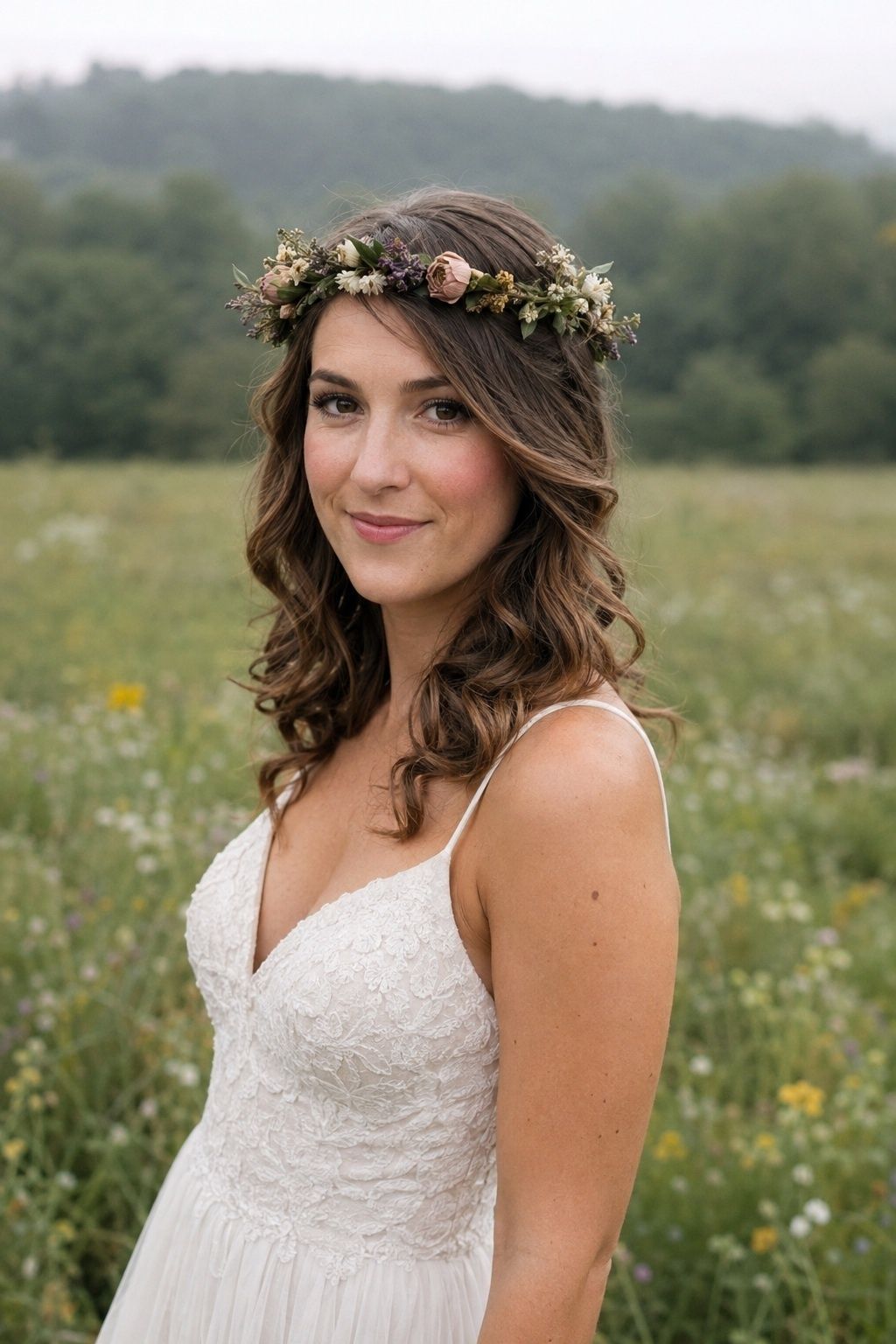 Bride in a meadow wearing a soft low flower crown in muted blush and sage