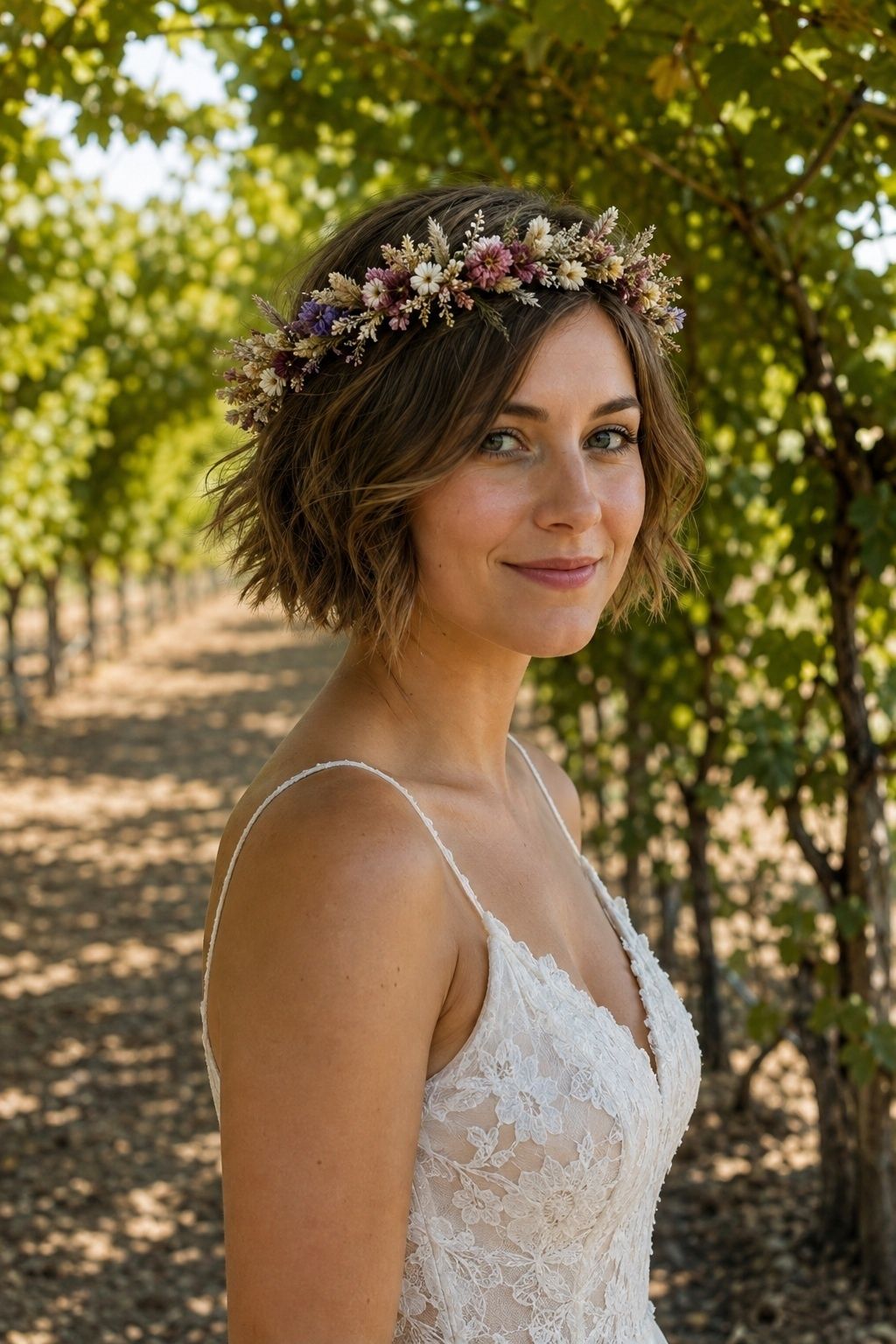 Bride with a short textured bob and lightweight dried-flower crown outdoors