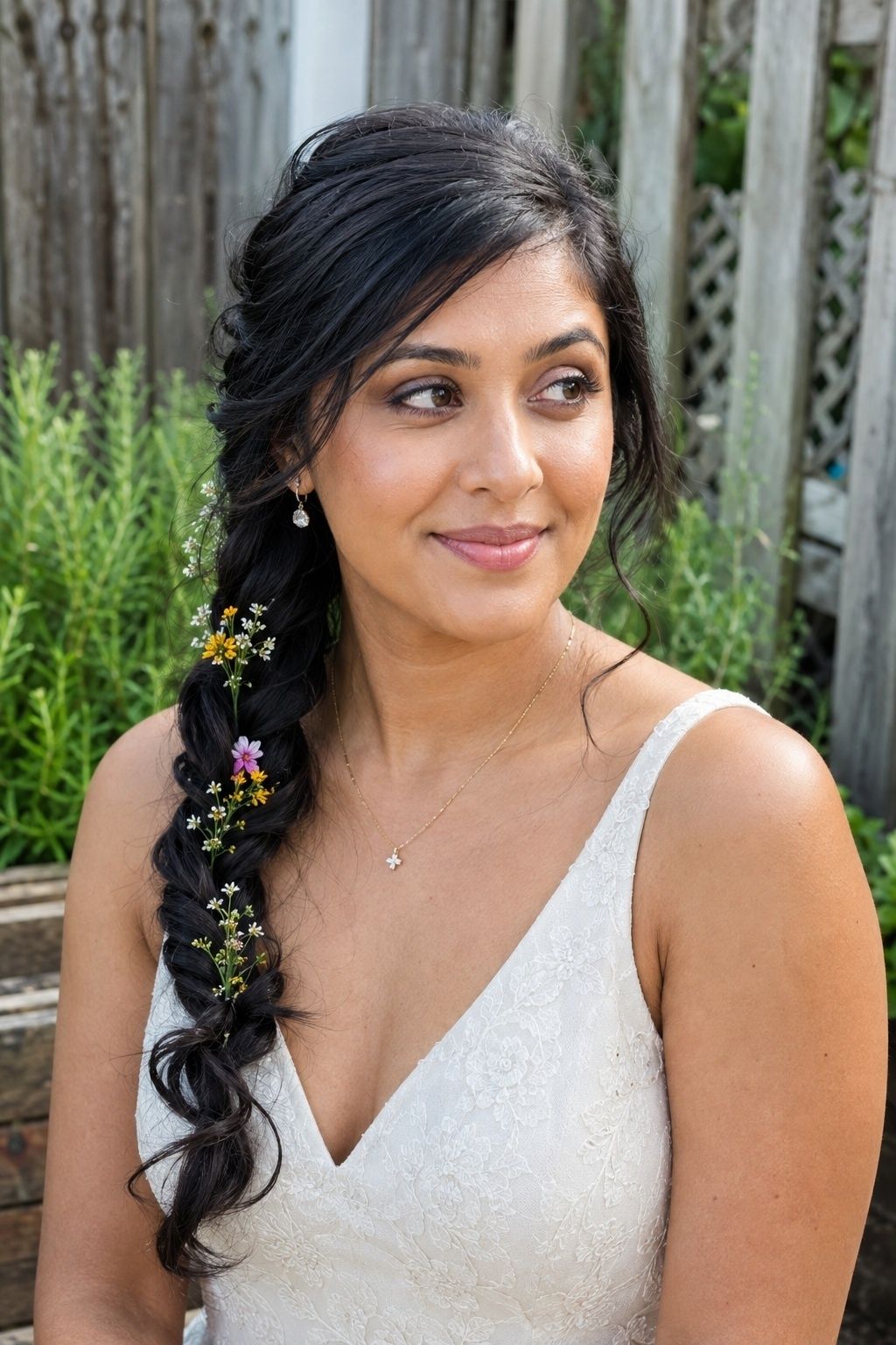 South Asian bride with a loose side braid and tiny meadow flowers