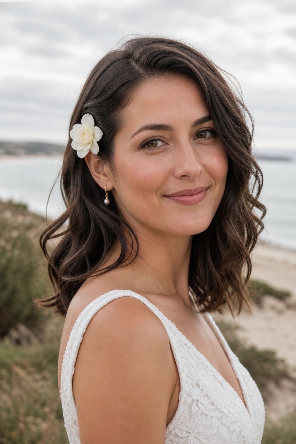 Bride with dark beachy waves and one ivory flower tucked behind her ear
