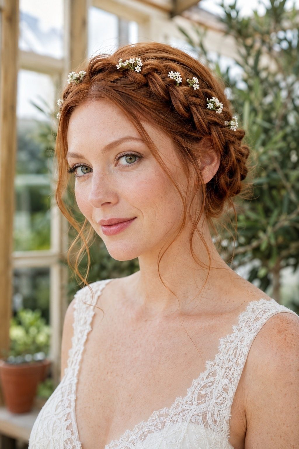 Red-haired bride with a soft braided crown and mini white flowers