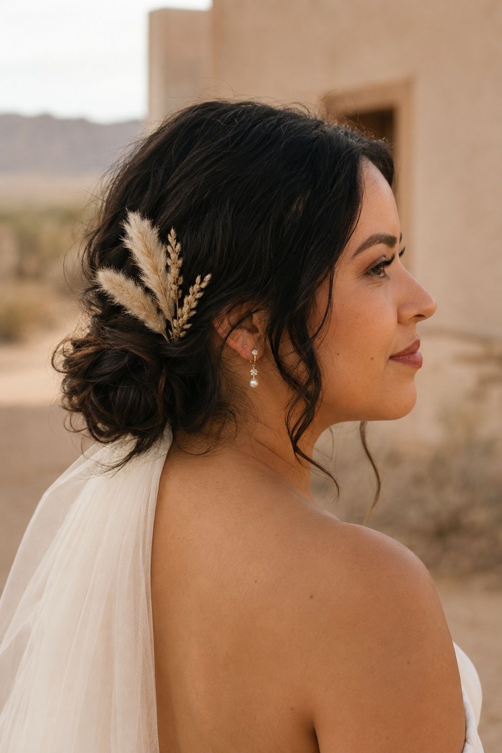 Latina bride with a low bun and restrained miniature pampas grass accents