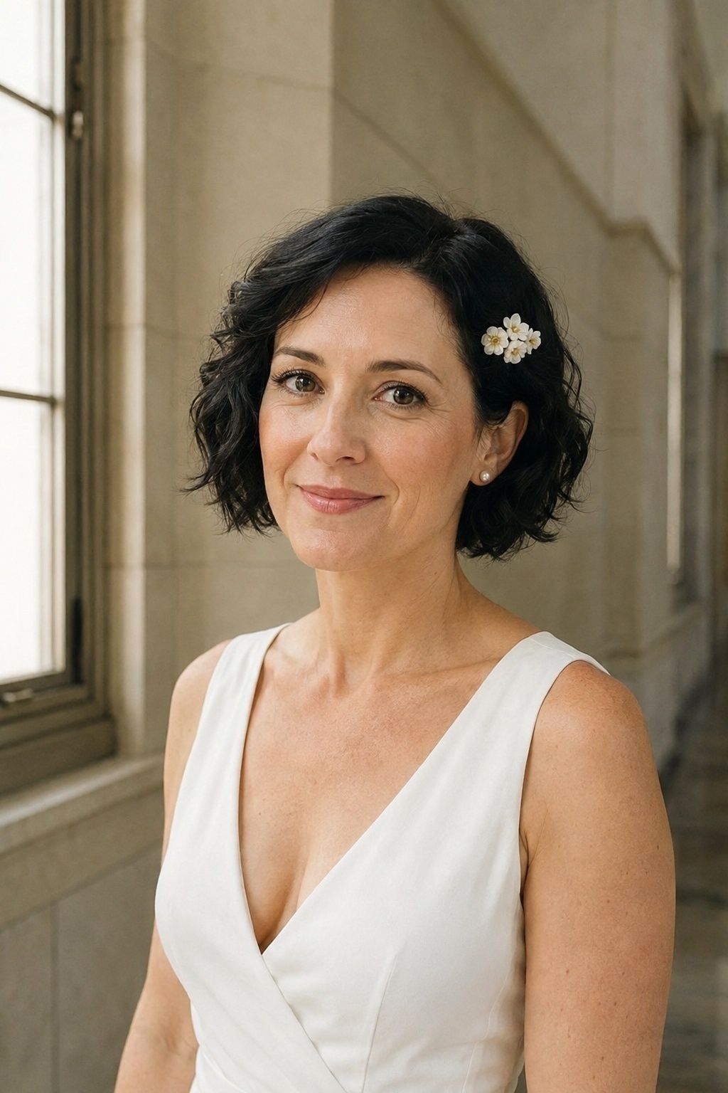 Bride with a short wavy black bob and a small ivory floral clip
