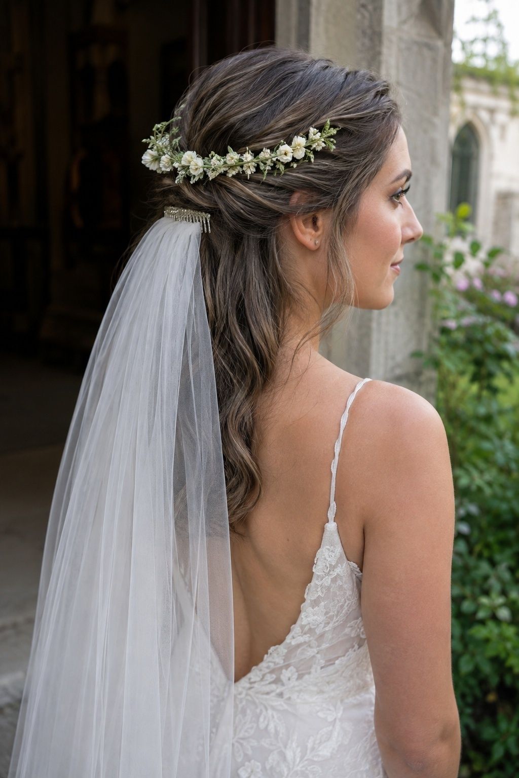 Bride wearing a veil on a separate comb beneath a low ivory flower crown
