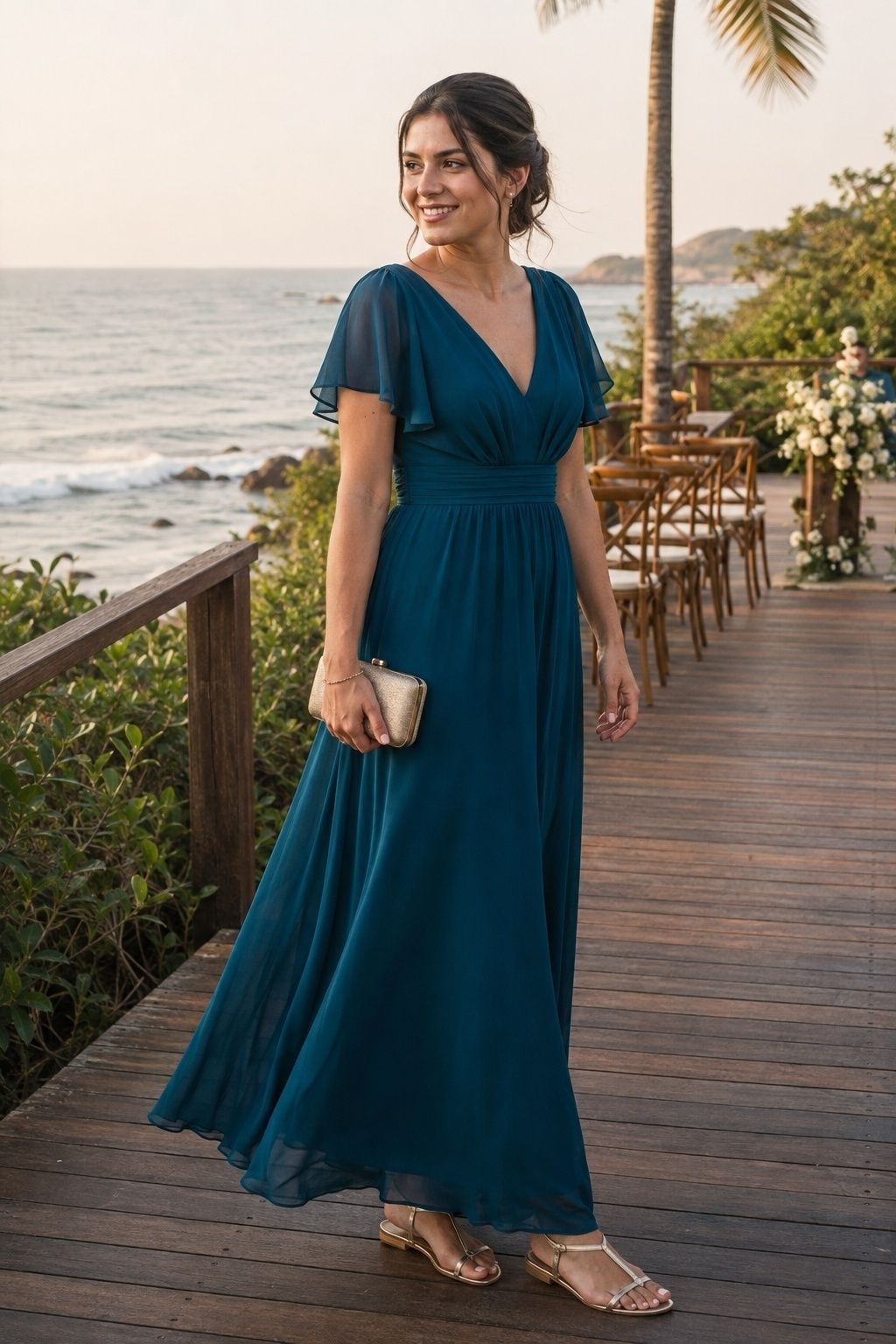 Guest in a deep teal chiffon maxi dress and flat sandals at a beach formal wedding