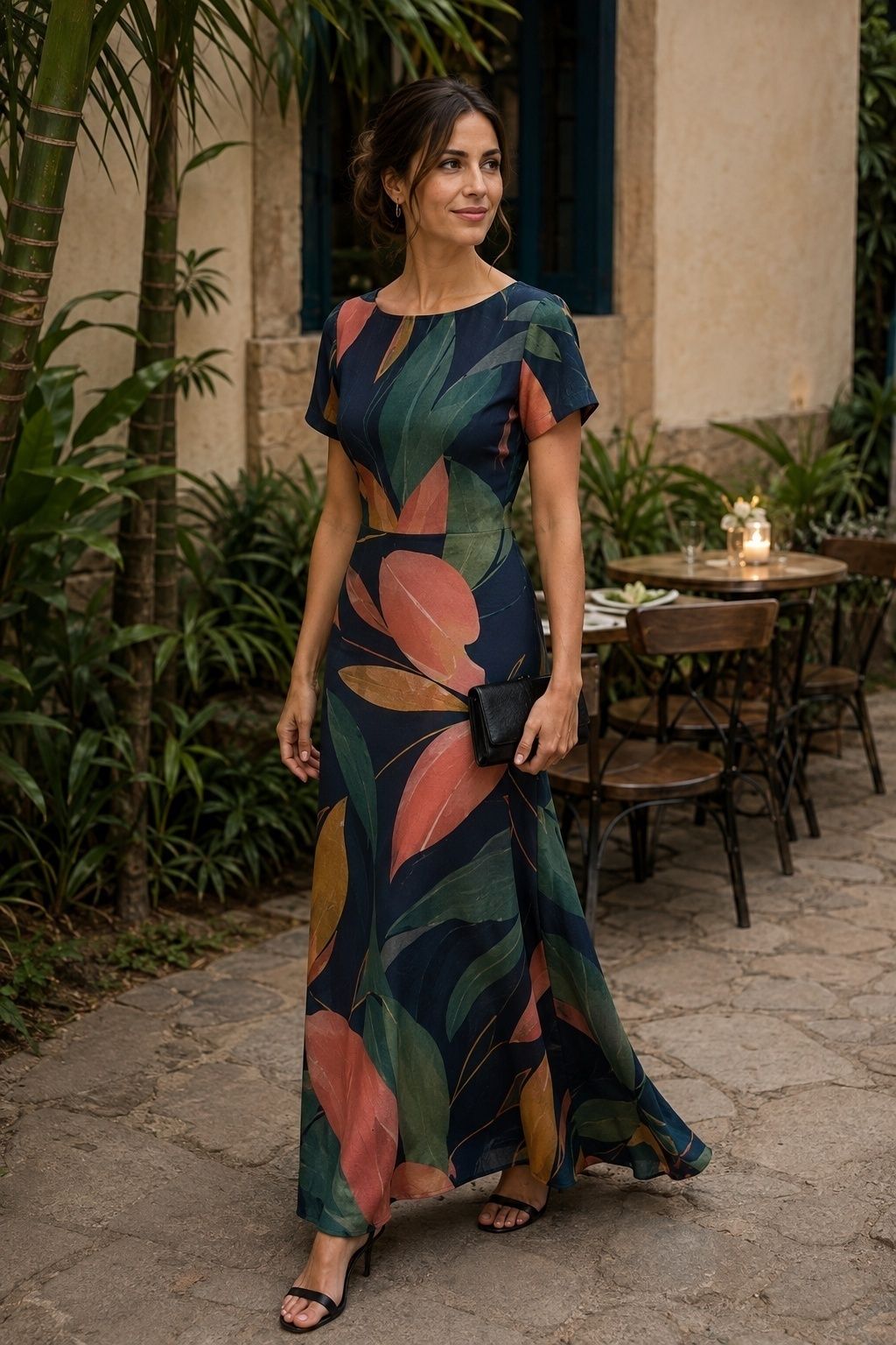 Guest in an elegant abstract tropical print dress at a Brazilian wedding dinner