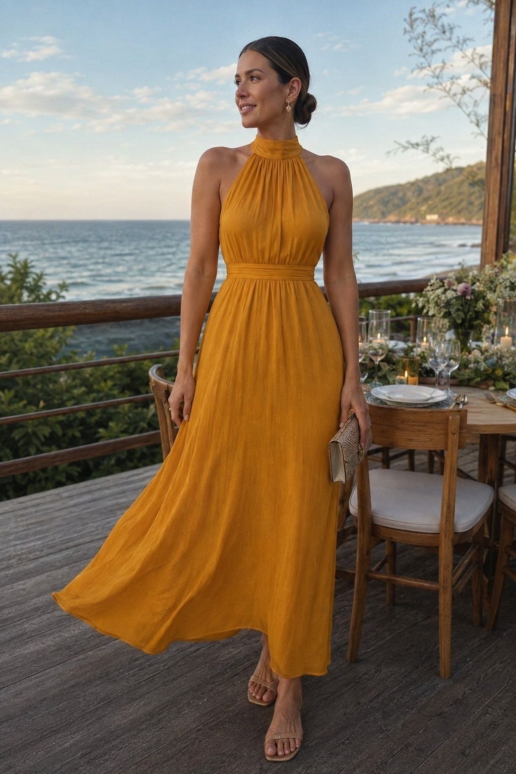 Guest in a marigold halter maxi dress styled for coastal wind