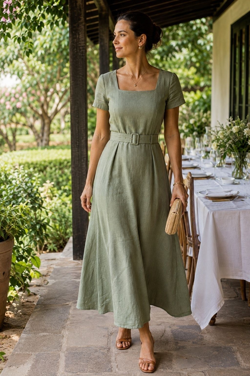 Guest in a tailored sage linen-blend dress at a daytime wedding brunch