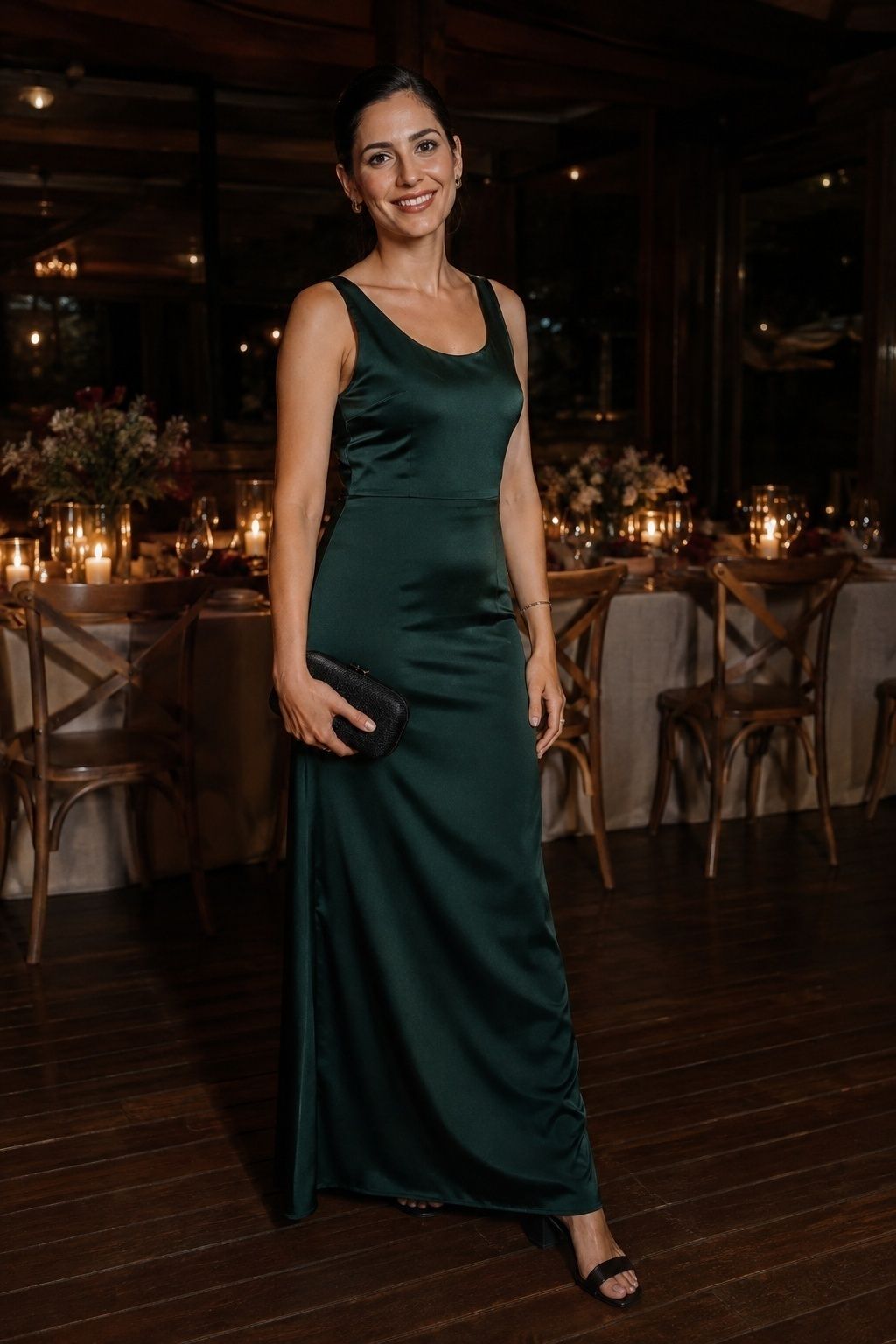 Guest in an emerald jewel-tone maxi dress at an evening reception