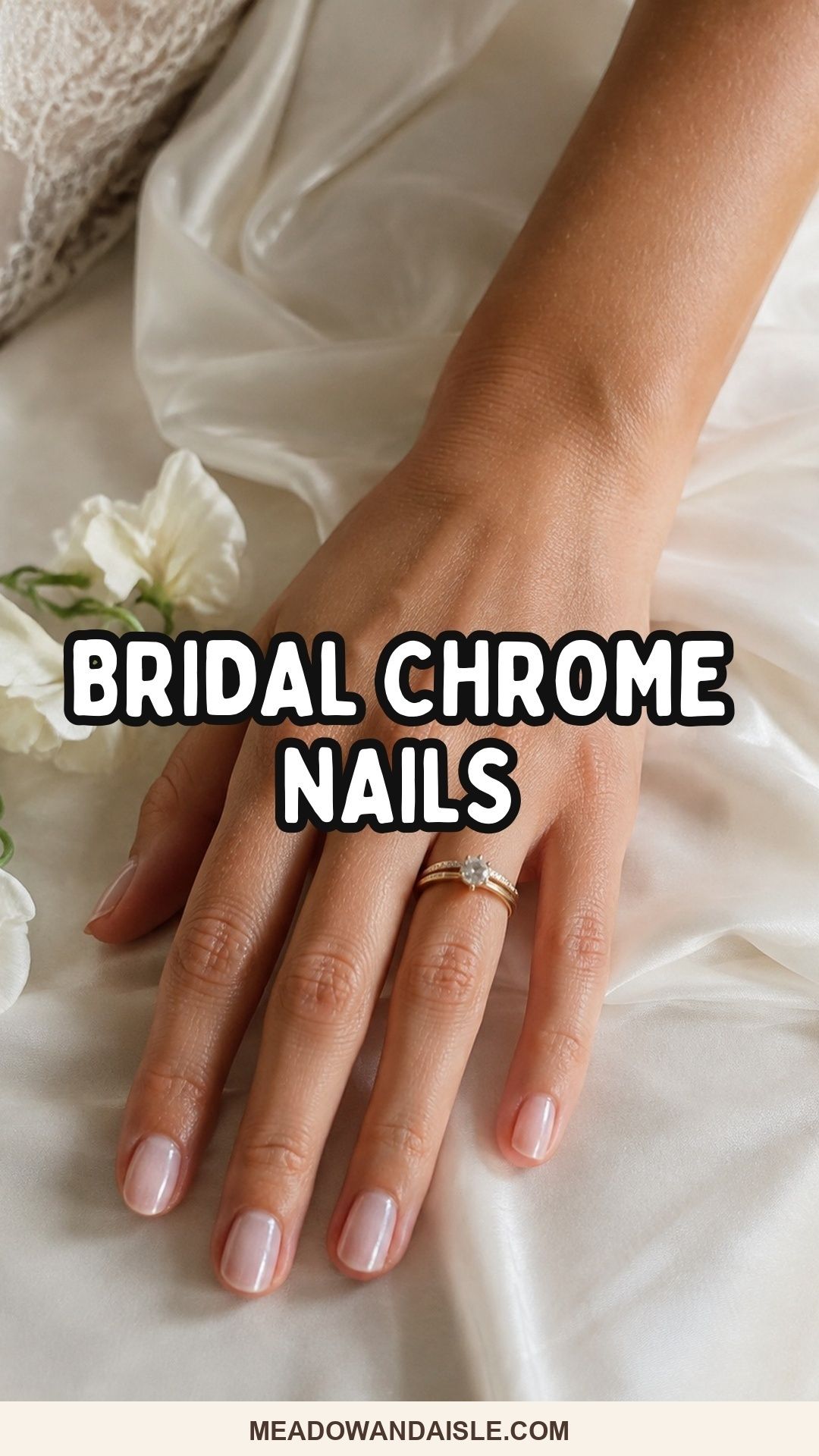 Bridal chrome nails ideas Pinterest pin with pearl chrome wedding manicure
