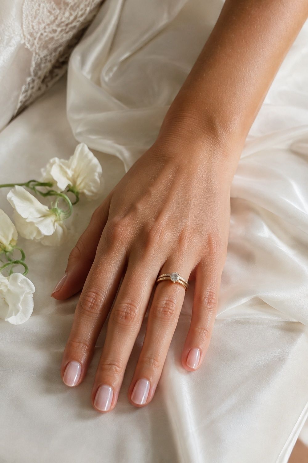Pearl chrome manicure over a sheer pink base