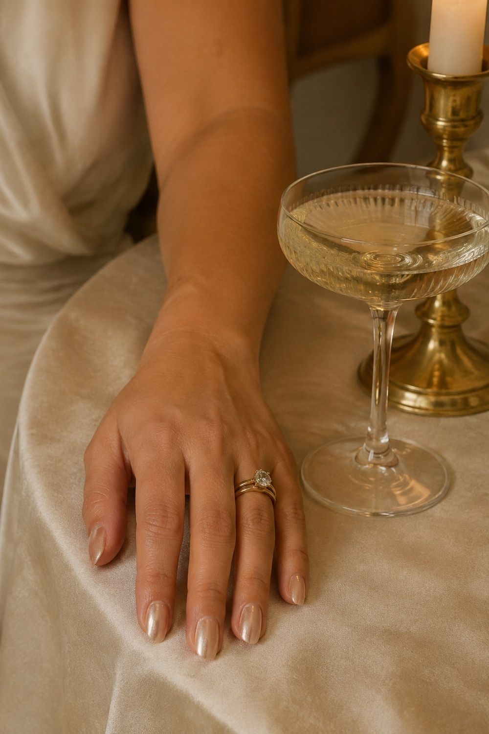 Champagne chrome nails matching warm jewellery
