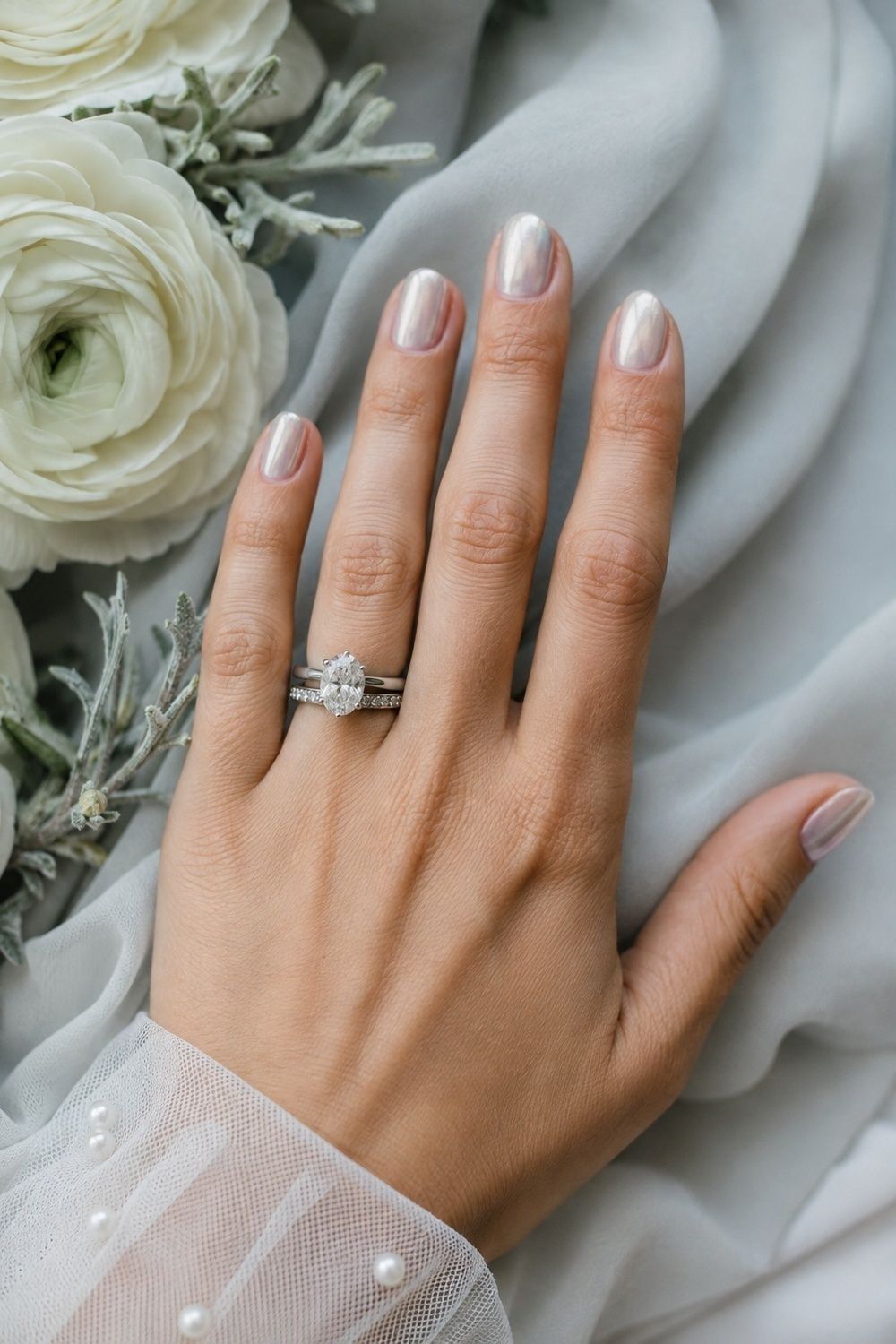 Soft silver chrome nails with cool-toned rings