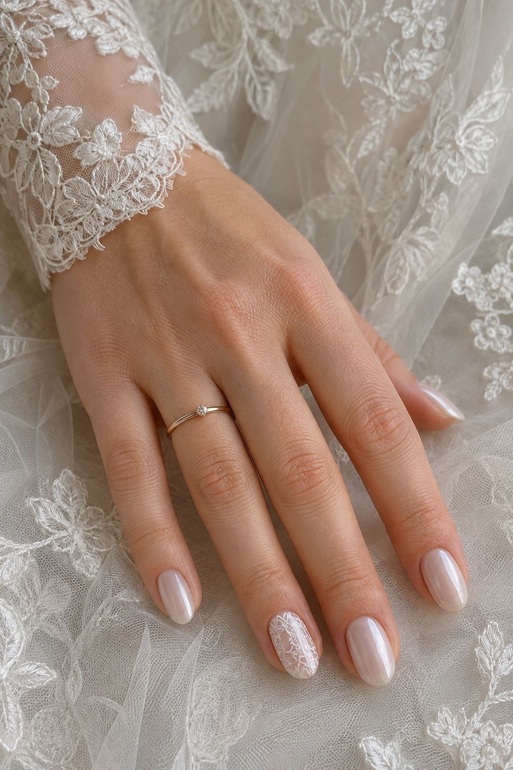 Lace linework painted on milky chrome nails